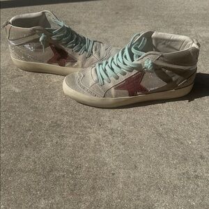 Golden Goose Women's High-Top Suede Sneakers in Light Gray with Mint Laces